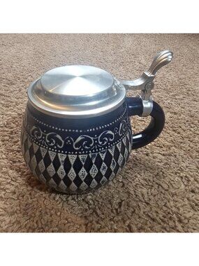 Vintage Domex Germany Beer Stein Lidded Pewter Zinn Harlequin Pattern 0.5 L